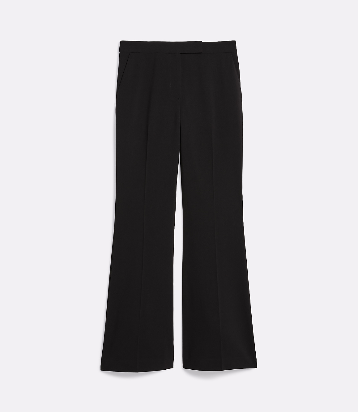 Black flared trousers with a white background.