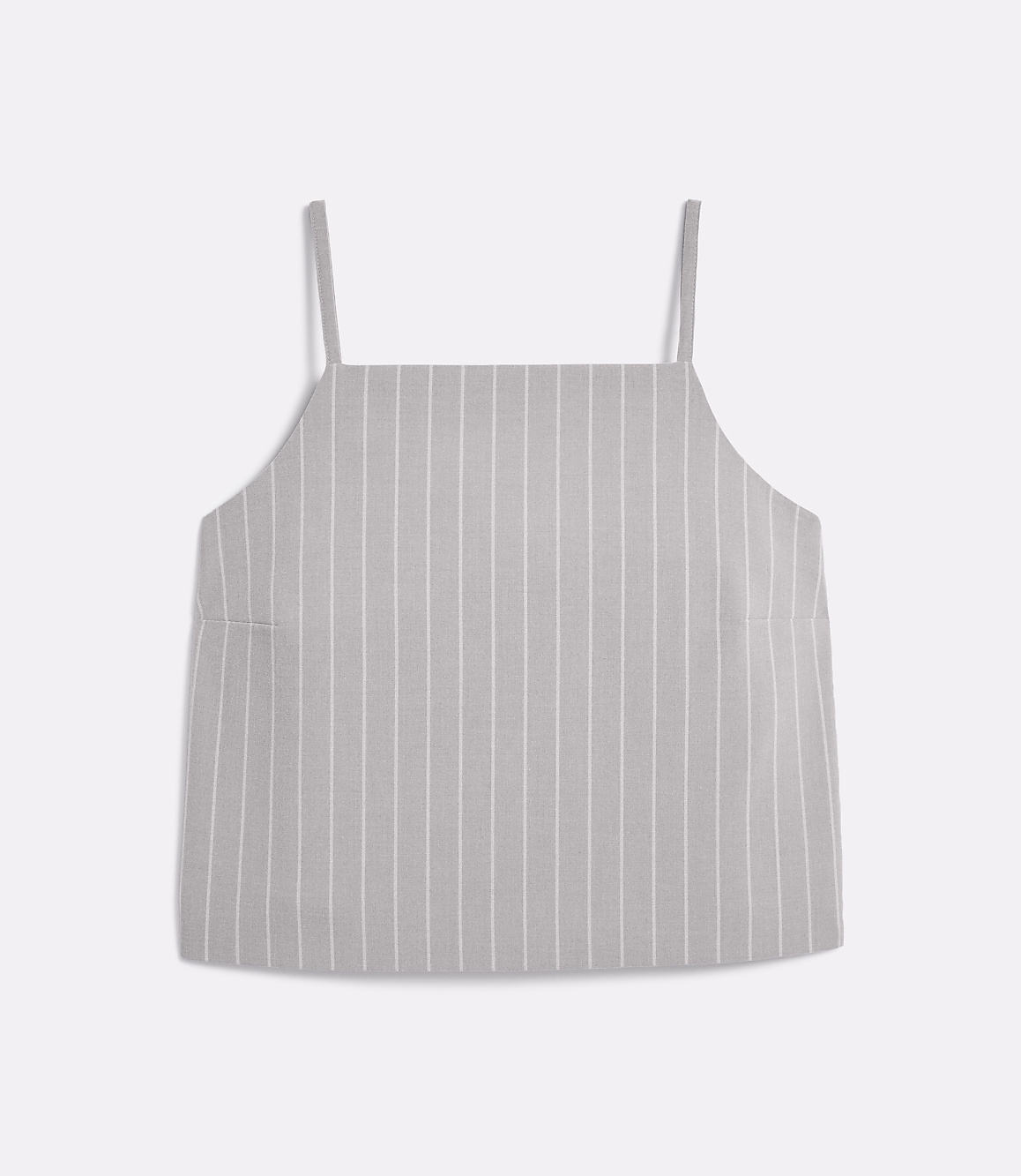 A gray and white striped camisole with thin straps rests against a plain white background.