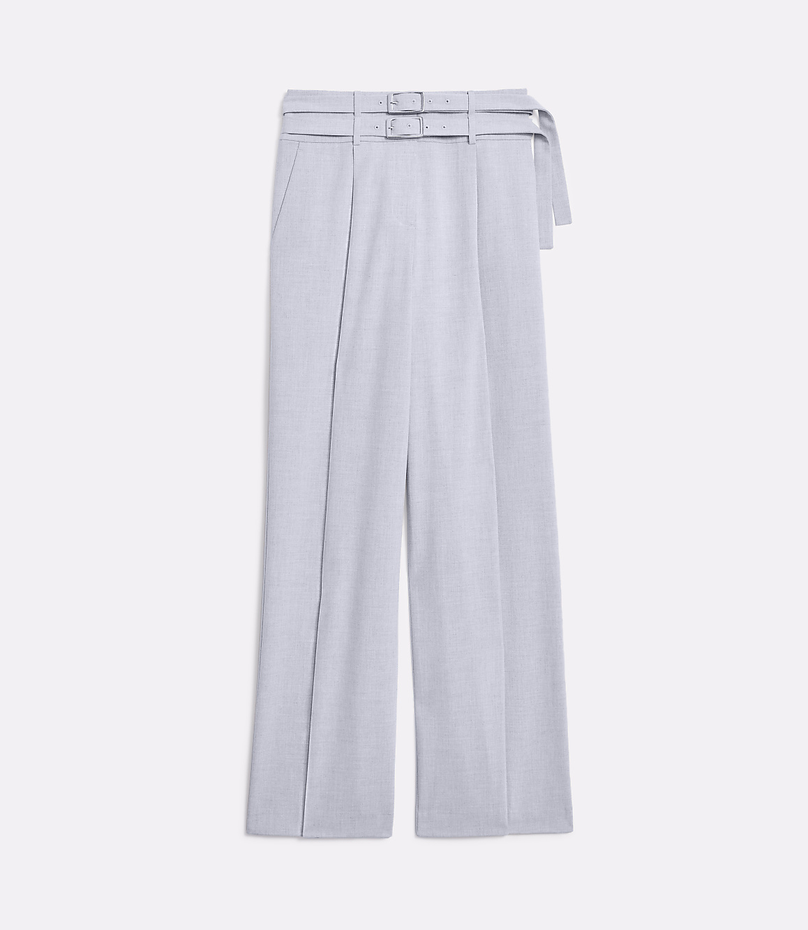 A pair of light gray, wide-leg trousers with a belted waist are displayed against a plain white background.