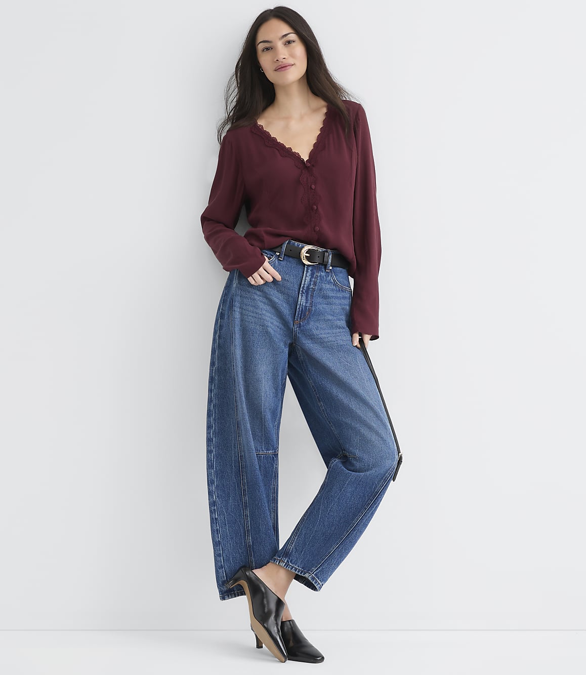 Petite Lace Trim V-Neck Blouse