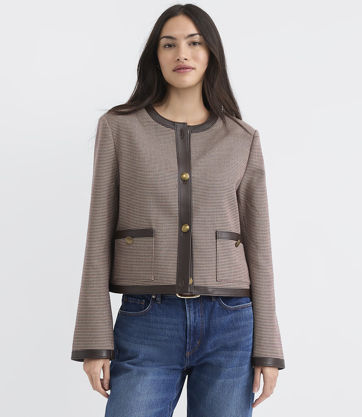 Tall Faux Leather Trim Houndstooth Collarless Jacket