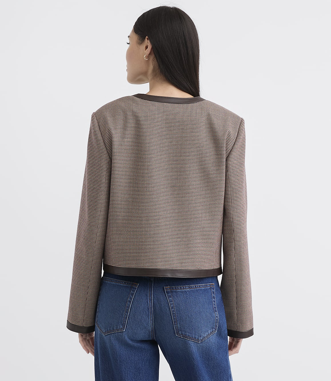 Tall Faux Leather Trim Houndstooth Collarless Jacket