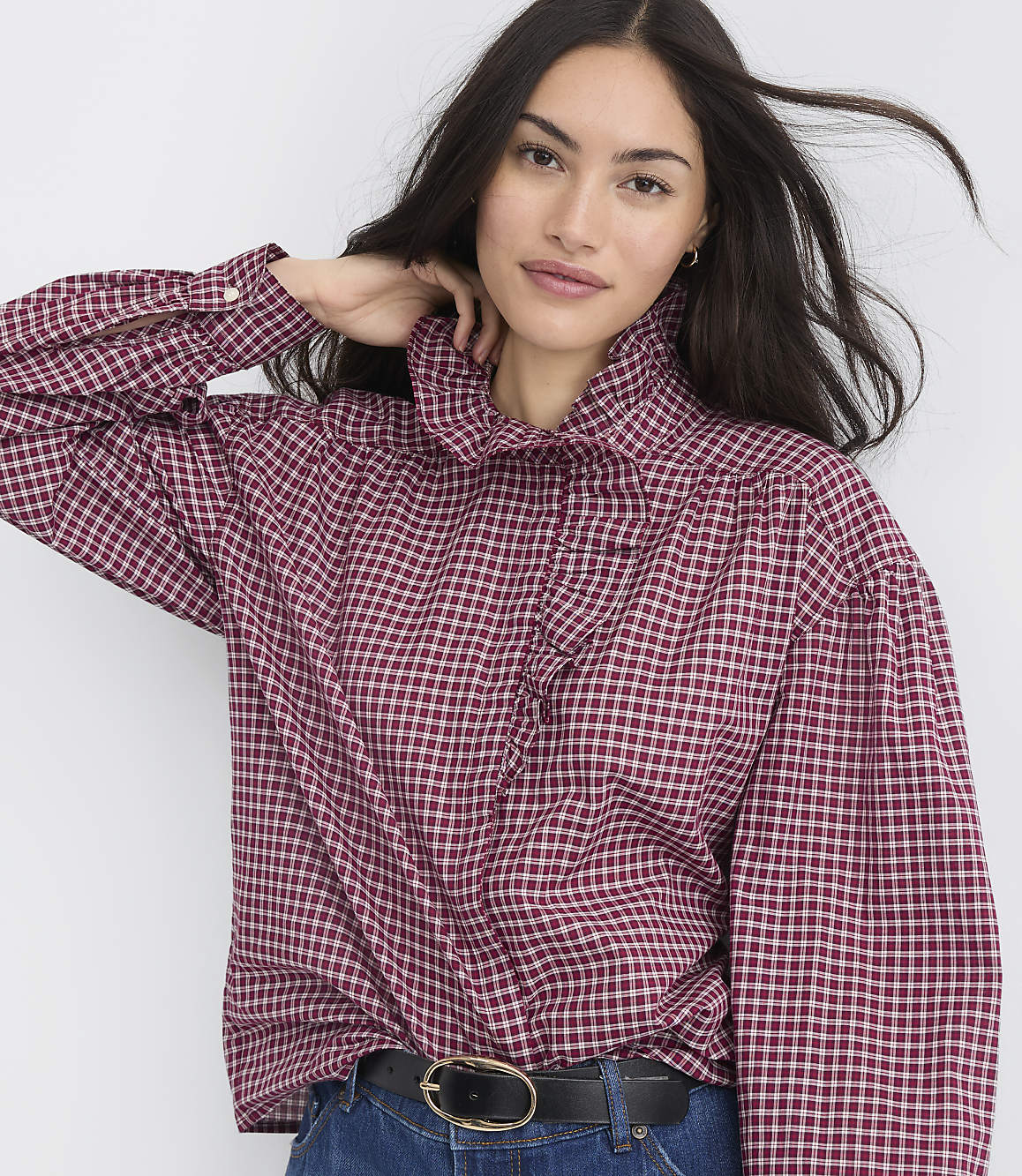 Petite Plaid Ruffle Neck Blouse