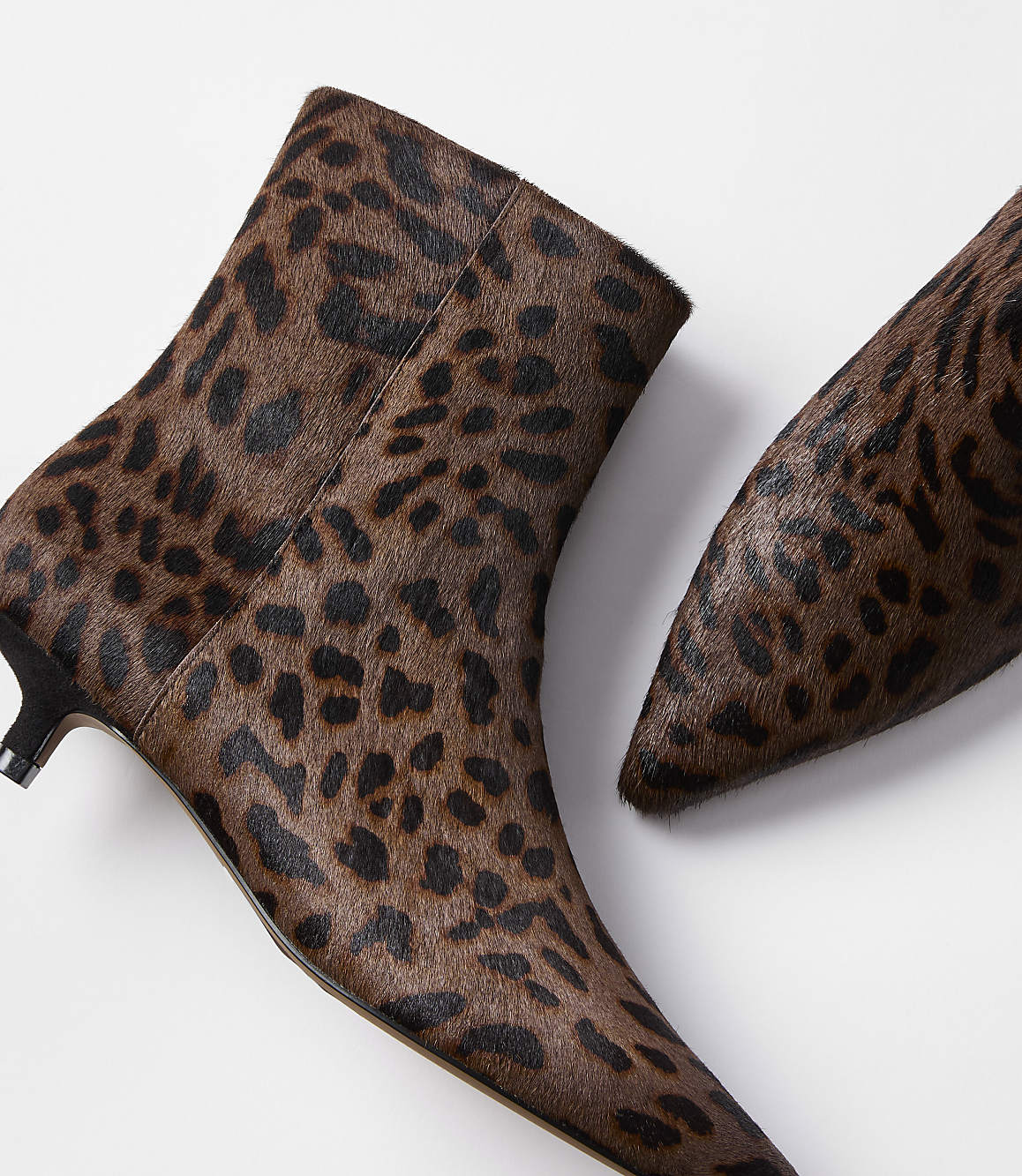 A pair of leopard-print calf-hair ankle boots with pointed toes and kitten heels rests on a plain white background.
