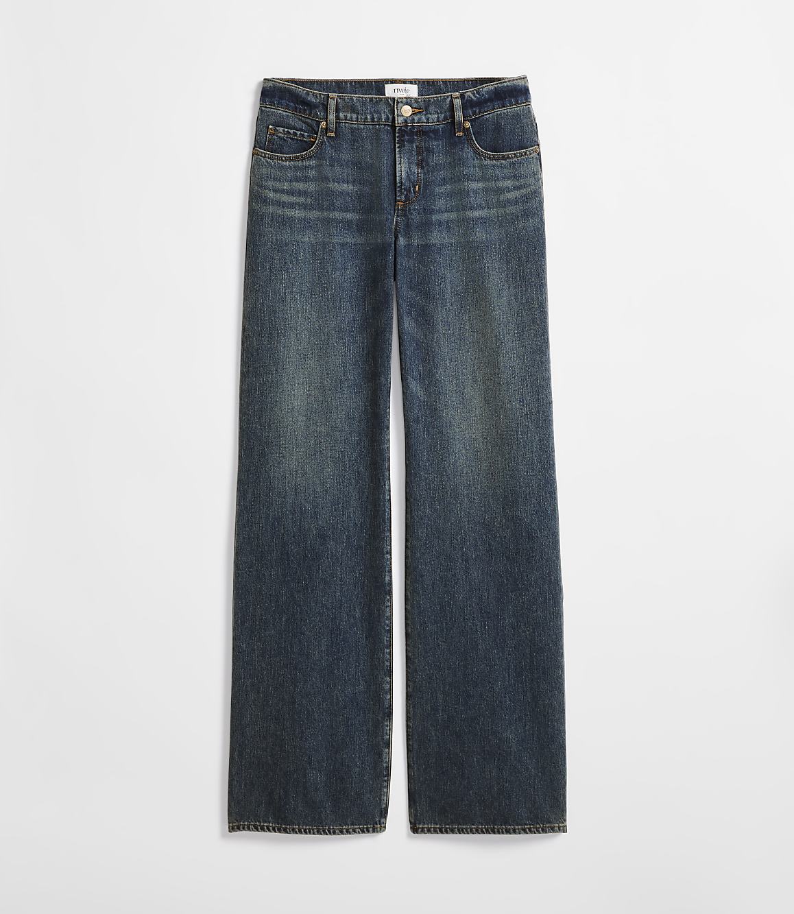 A pair of dark wash wide-leg jeans with a faded appearance are displayed against a plain white background.