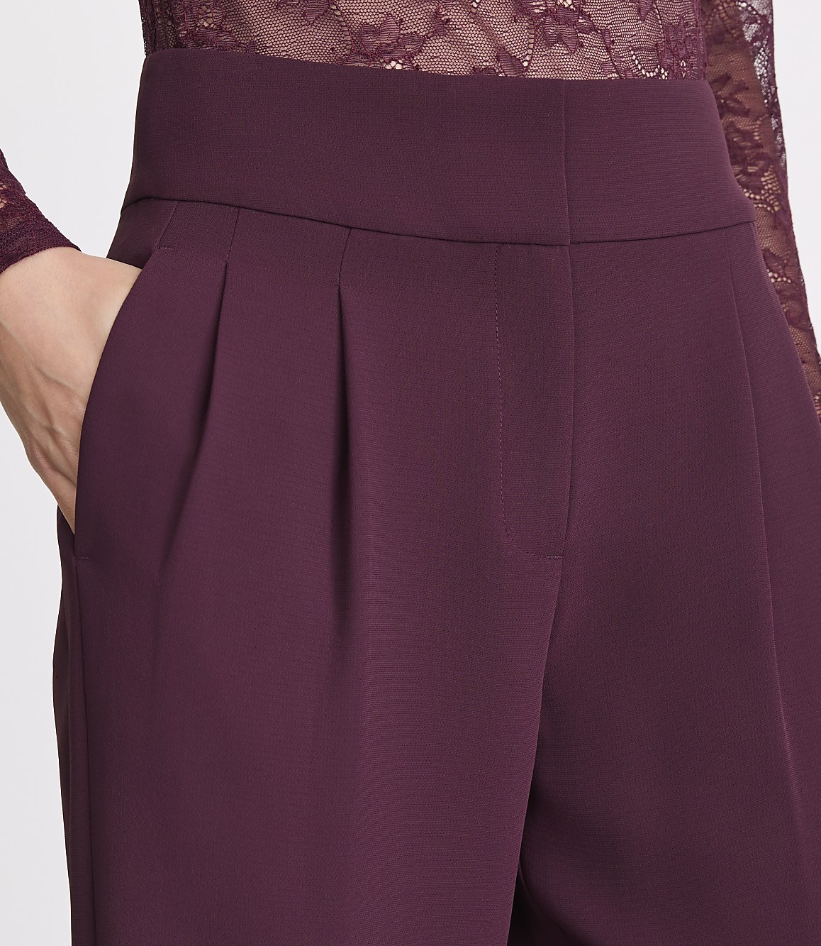 A person's hand rests in the pocket of plum-colored pleated trousers, with a glimpse of a burgundy lace top in the background.