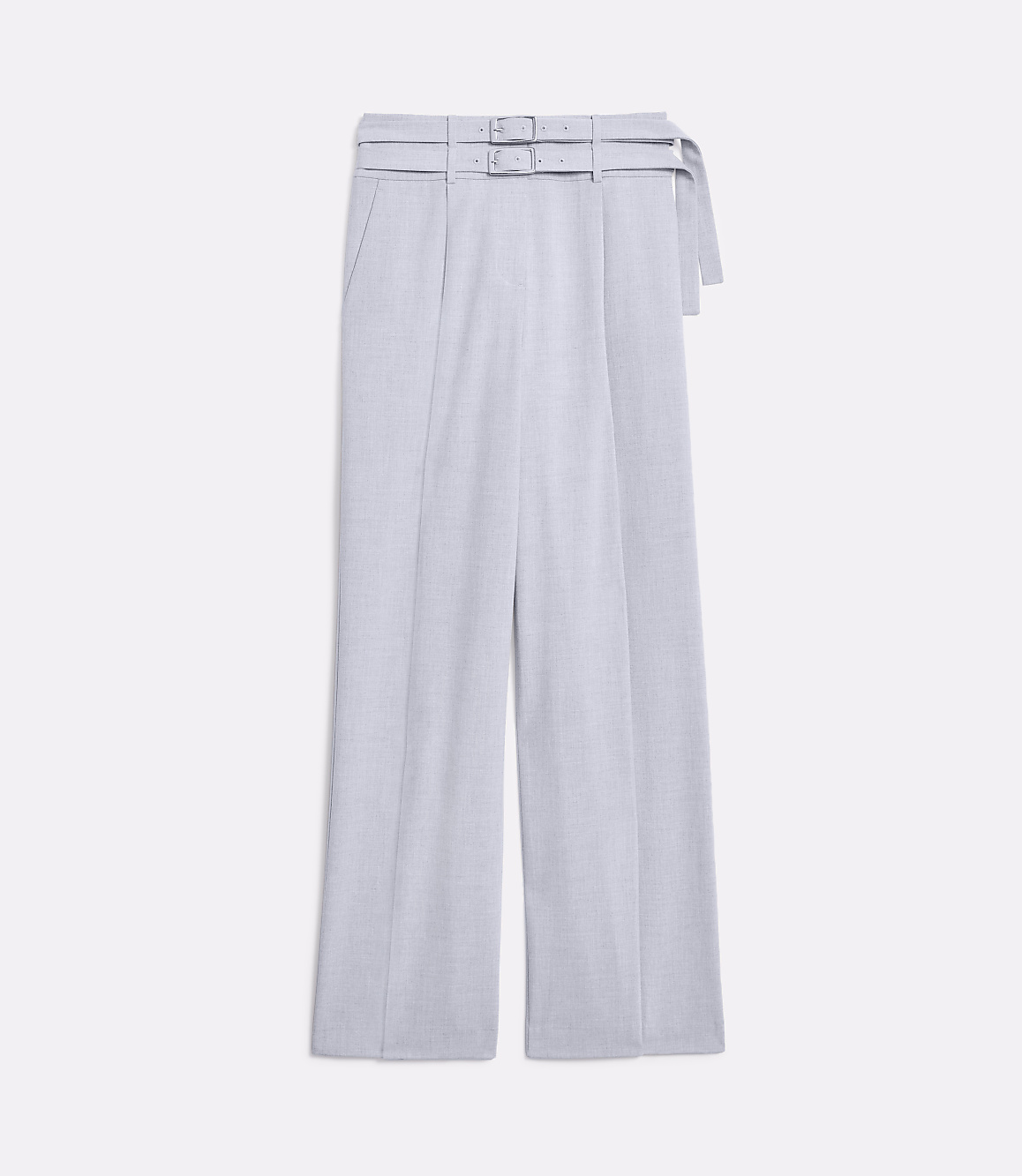 A pair of light gray, wide-leg trousers with a belted waist are displayed against a plain white background.