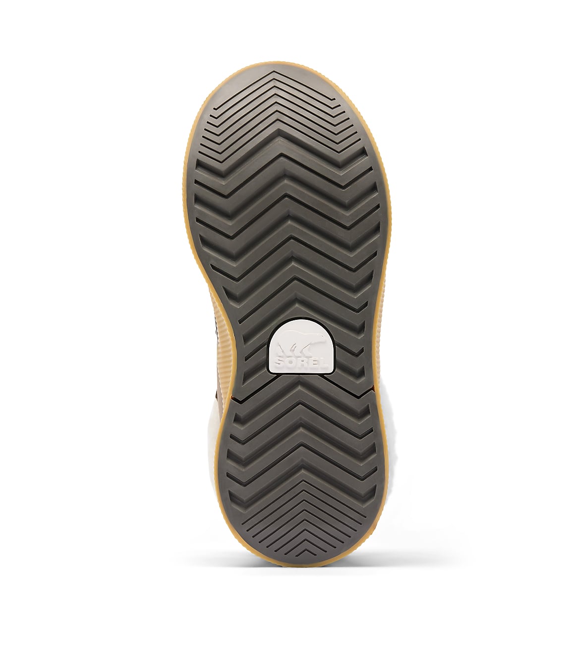 A close-up of a shoe sole with a chevron tread pattern and a Sorel logo is presented against a plain white background.