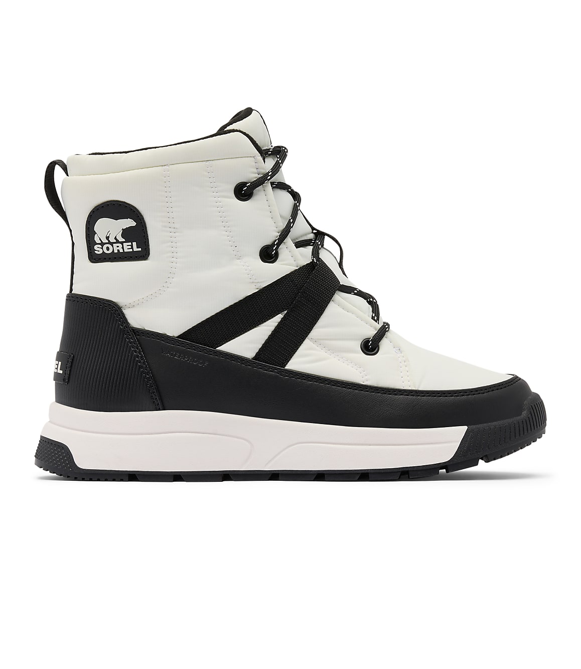 A white quilted winter boot with black accents and laces stands against a plain white background.