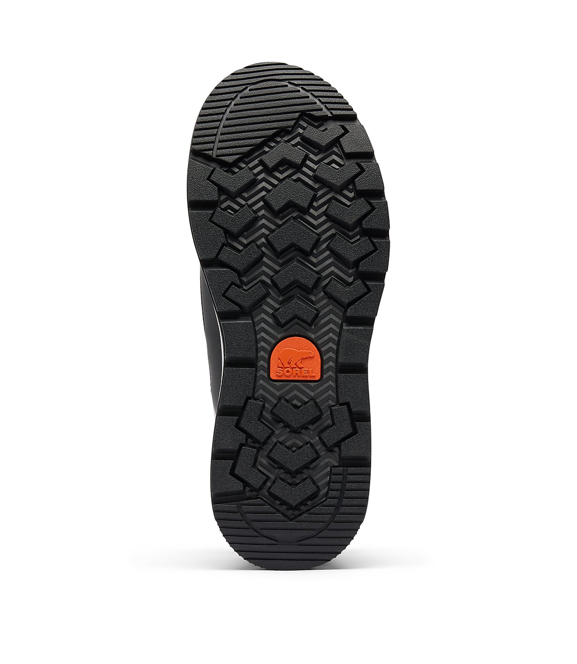 A black boot sole with a rugged tread pattern and an orange logo is centered against a plain white background.