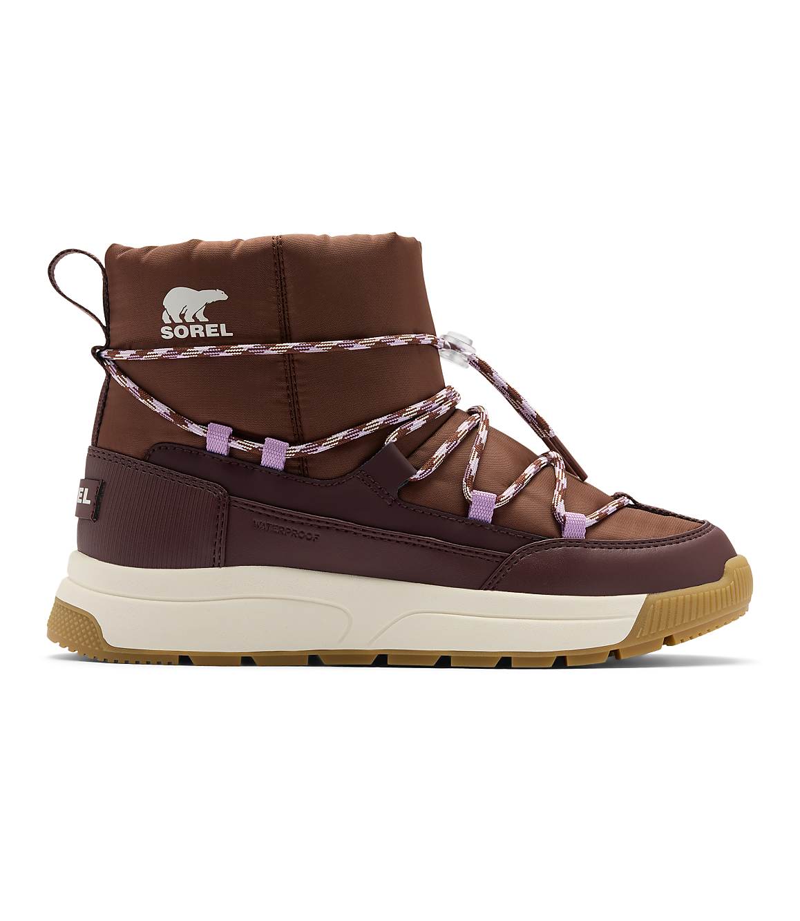 A brown winter boot with purple accents and a white sole stands against a plain white background.