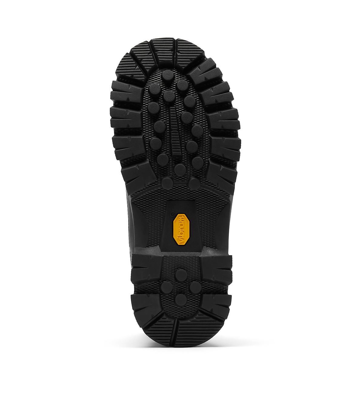 A black boot sole with a yellow Vibram logo is centered against a plain white background.