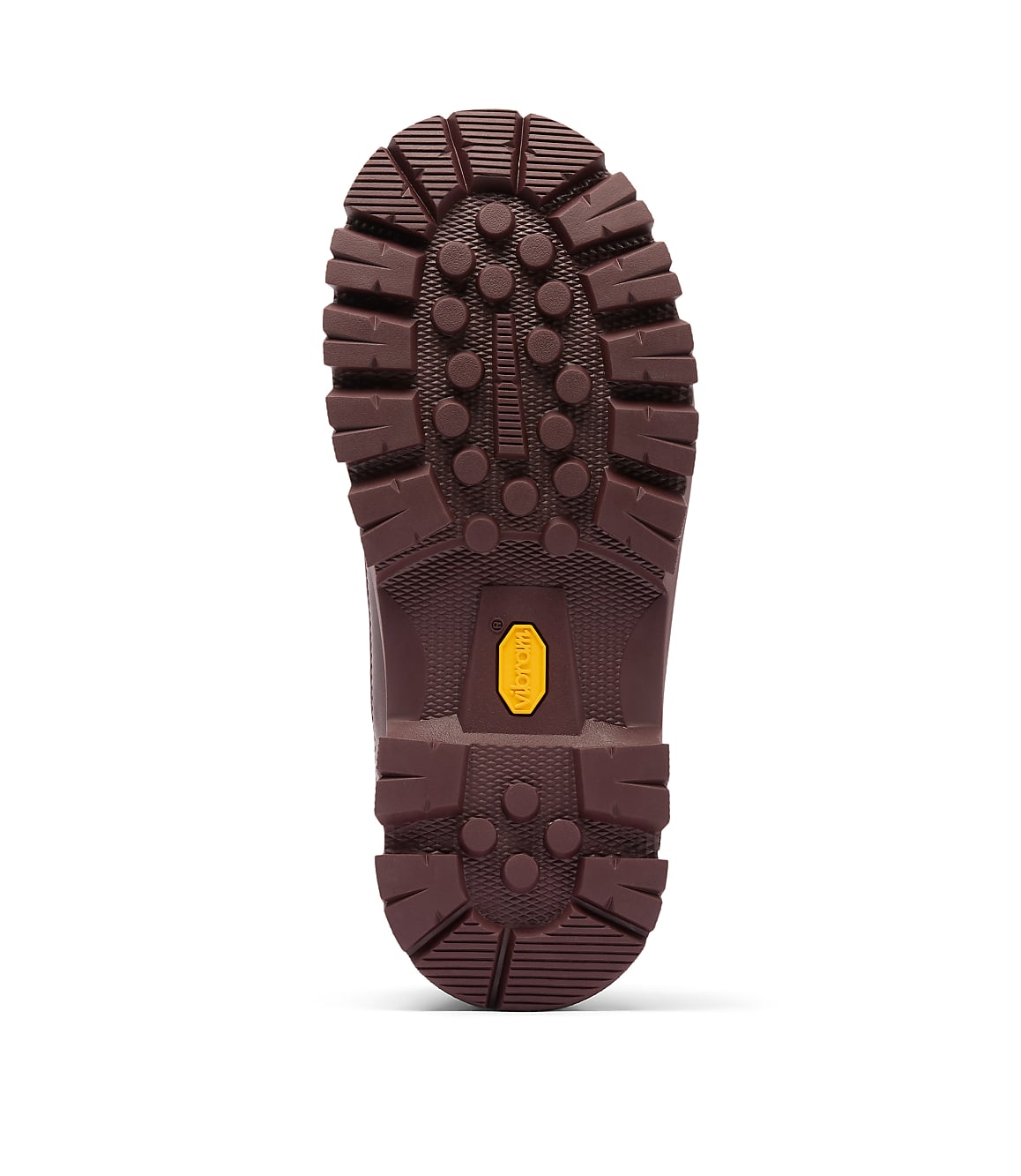 A brown boot sole with a yellow Vibram logo is centered against a plain white background.