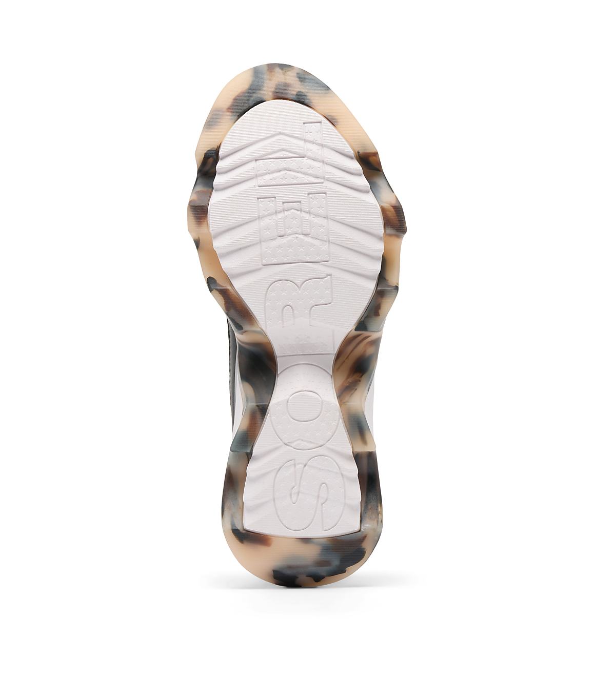 A white sneaker sole with a marbled brown and tan trim is presented against a plain white background.