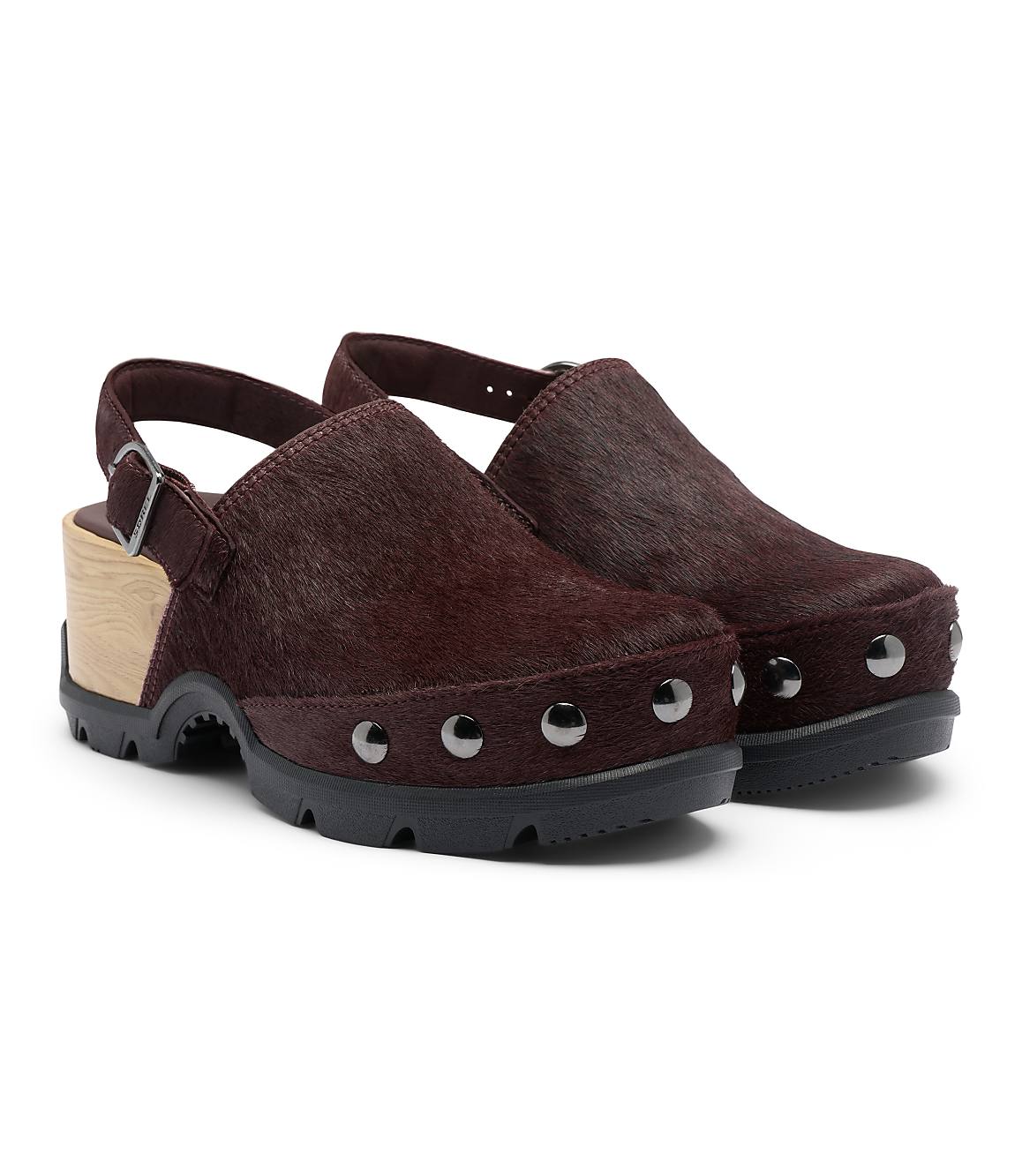 A pair of burgundy clogs with wooden heels and silver studs are displayed against a plain white background.