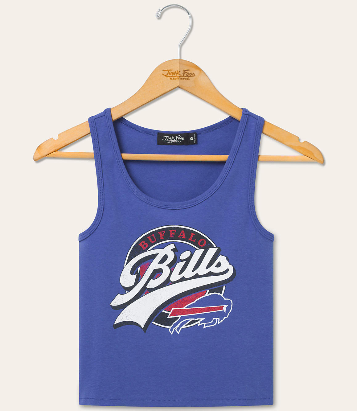 A blue tank top with the Buffalo Bills logo is displayed on a wooden hanger against a plain, light-colored background.