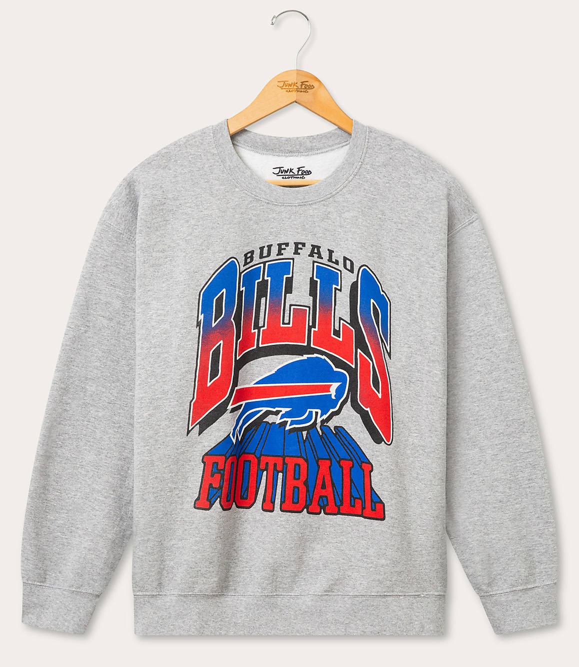 A gray Buffalo Bills football sweatshirt hangs on a wooden hanger against a plain white background.