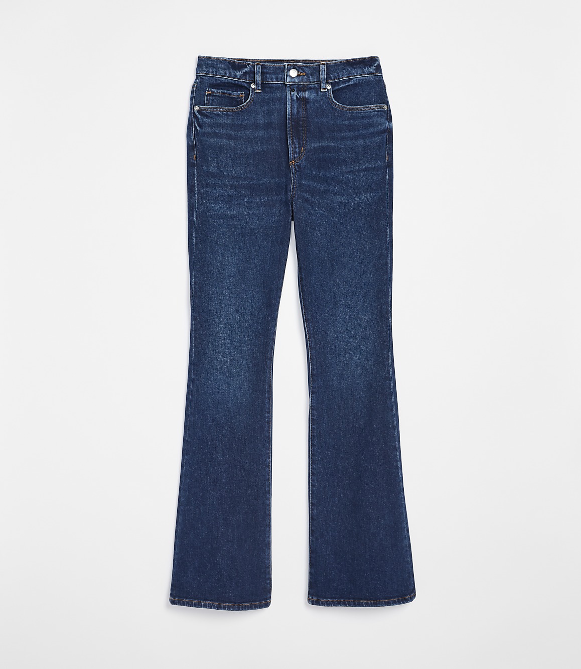 A pair of dark wash flared jeans lies flat against a plain white background.