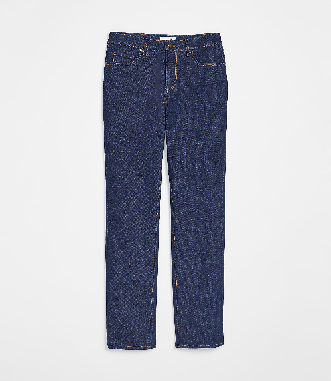 A pair of dark wash denim jeans with orange stitching lies flat against a plain white background.