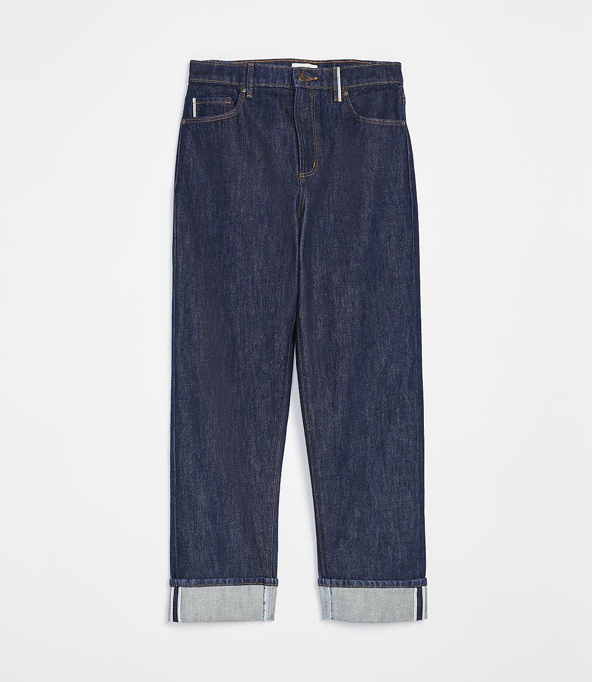 Dark wash denim jeans with cuffed hems are displayed against a plain white background.