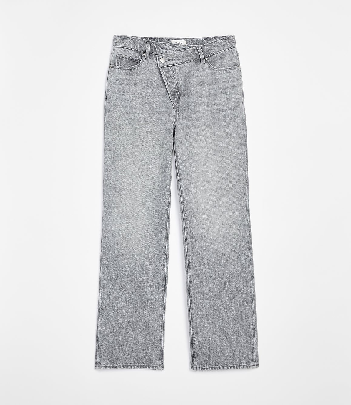 Light gray denim jeans with an asymmetrical waistband are displayed against a plain white background.