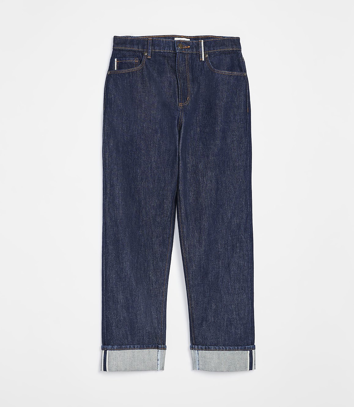Dark wash denim jeans with cuffed hems are displayed against a plain white background.