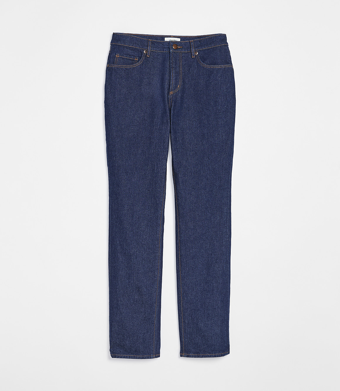 A pair of dark wash denim jeans lies flat against a plain white background.