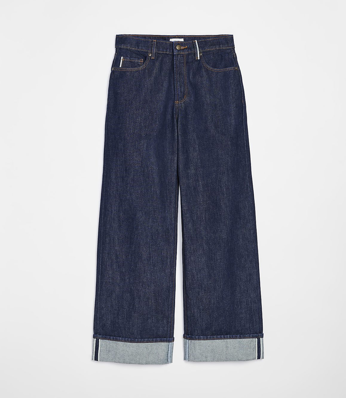 Dark wash denim jeans with cuffed hems are displayed against a plain white background.
