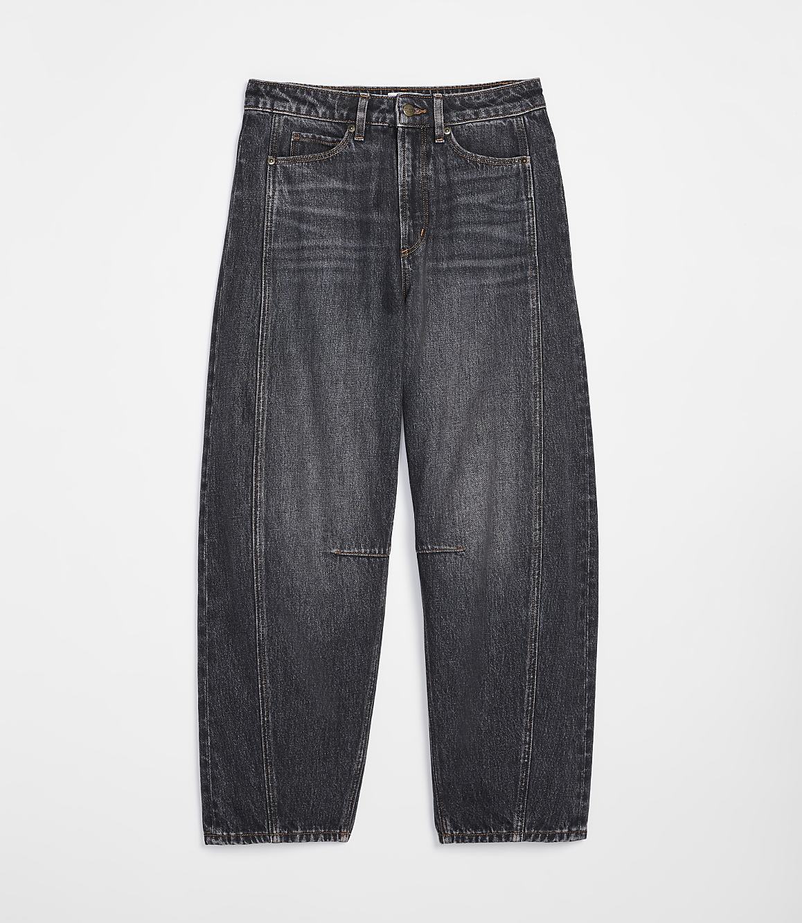 A pair of dark wash, wide-leg jeans with a distressed knee sits on a plain white background.