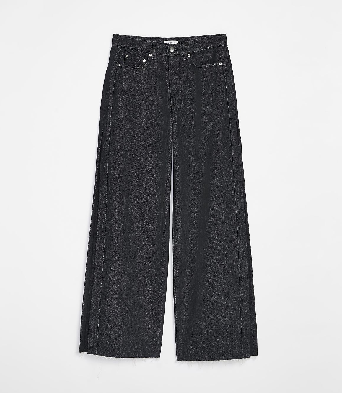 Dark wash wide-leg jeans with a clean white background.