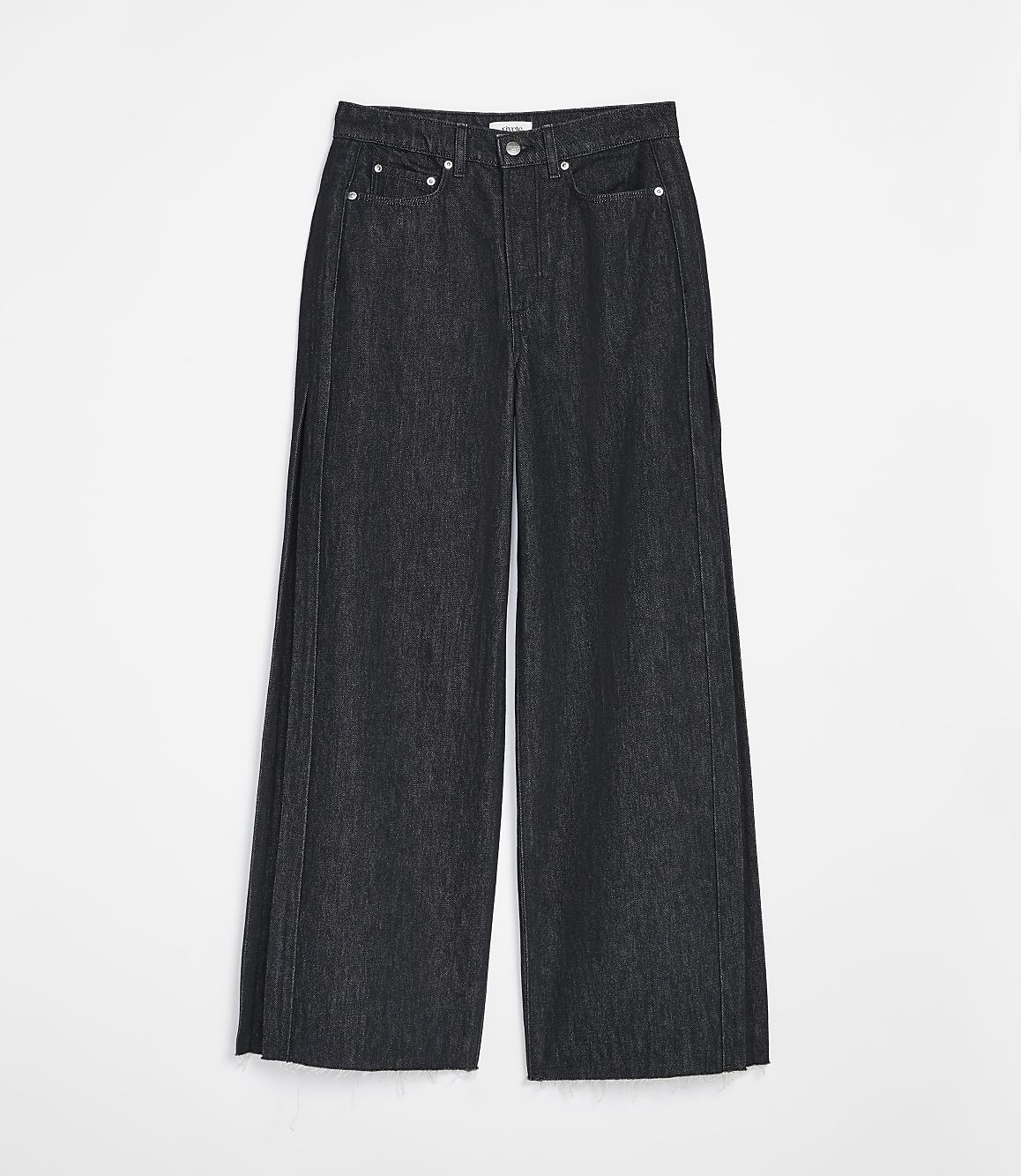 Dark wash wide-leg jeans with a clean white background.