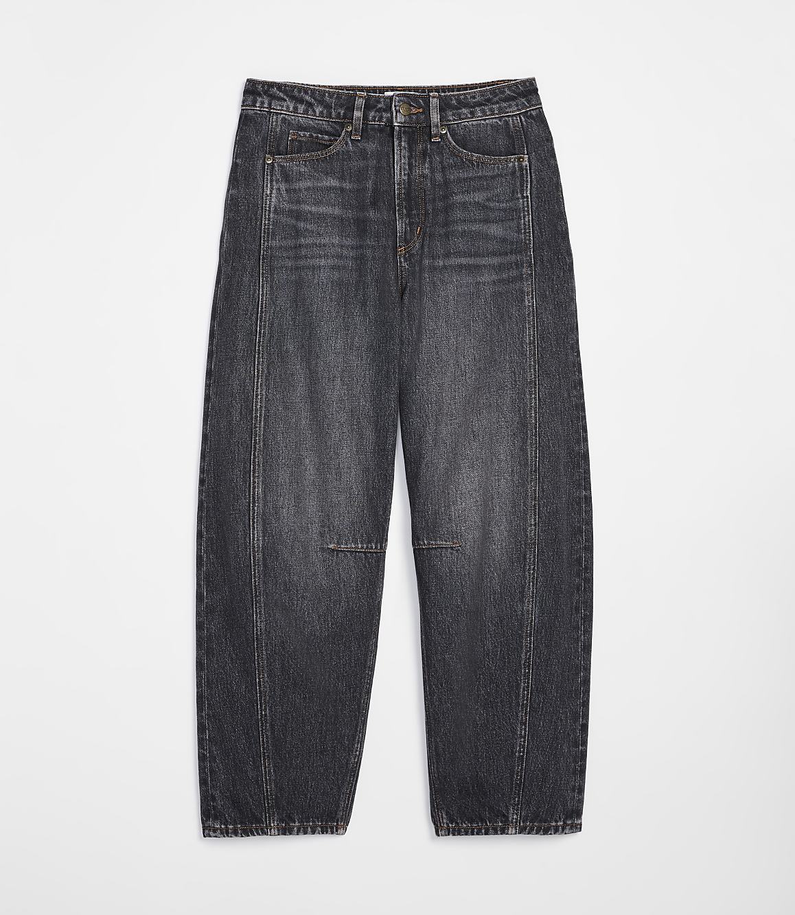 Dark wash, baggy jeans with a distressed knee are laid flat against a plain white background.