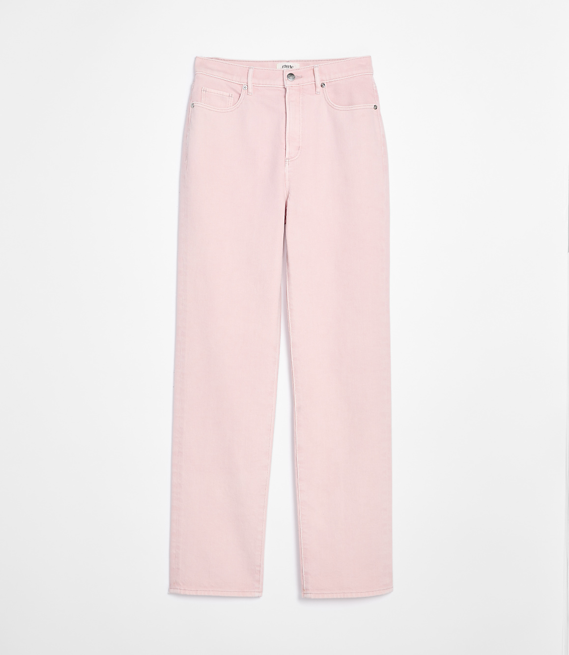 Pale pink wide-leg jeans are displayed against a plain white background.
