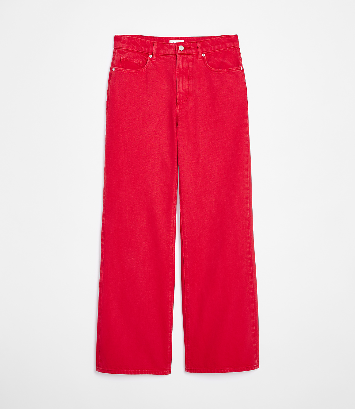 Bright red wide-leg jeans are displayed against a plain white background.
