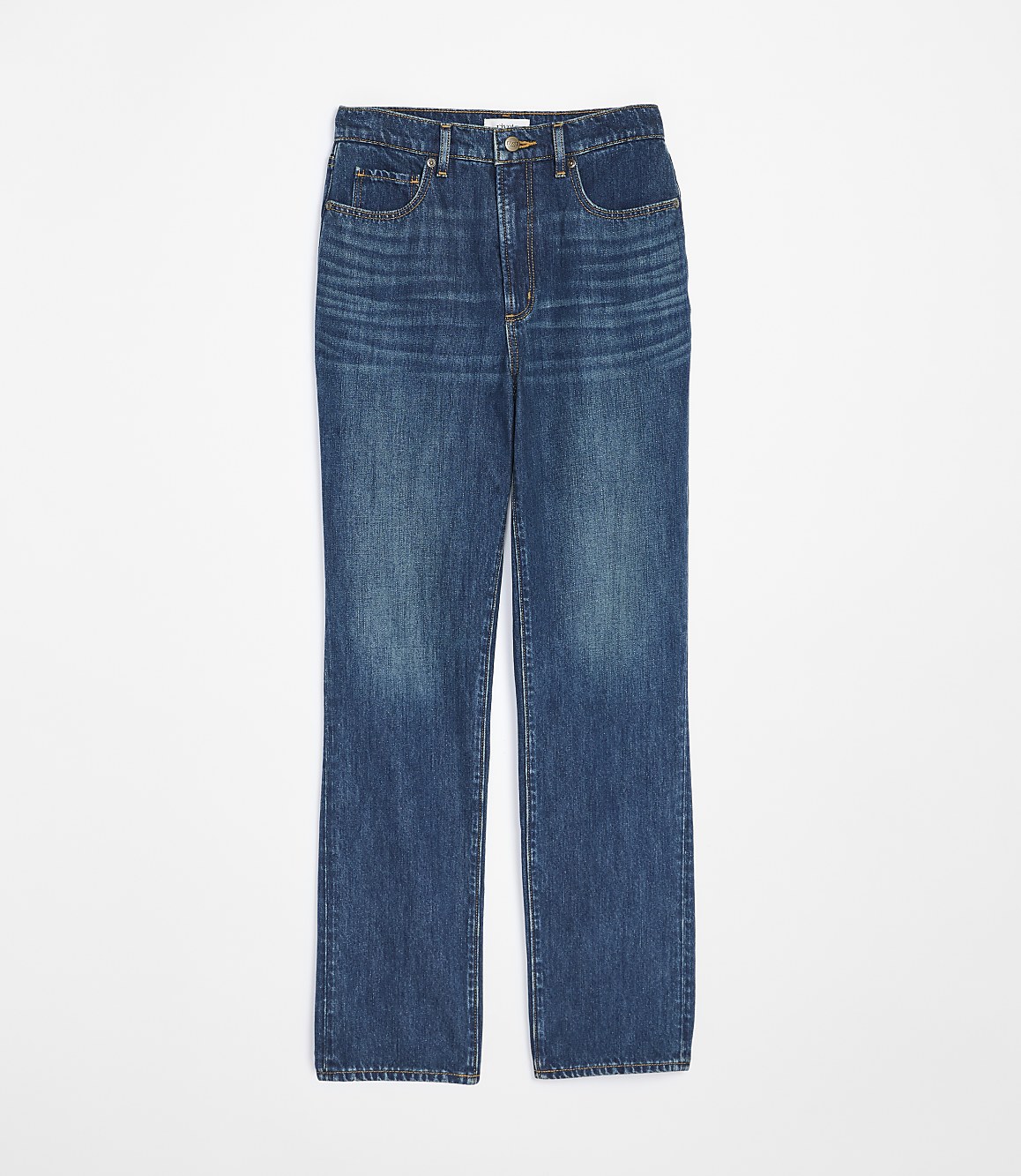 A pair of dark wash, straight-leg jeans are laid flat against a plain white background.
