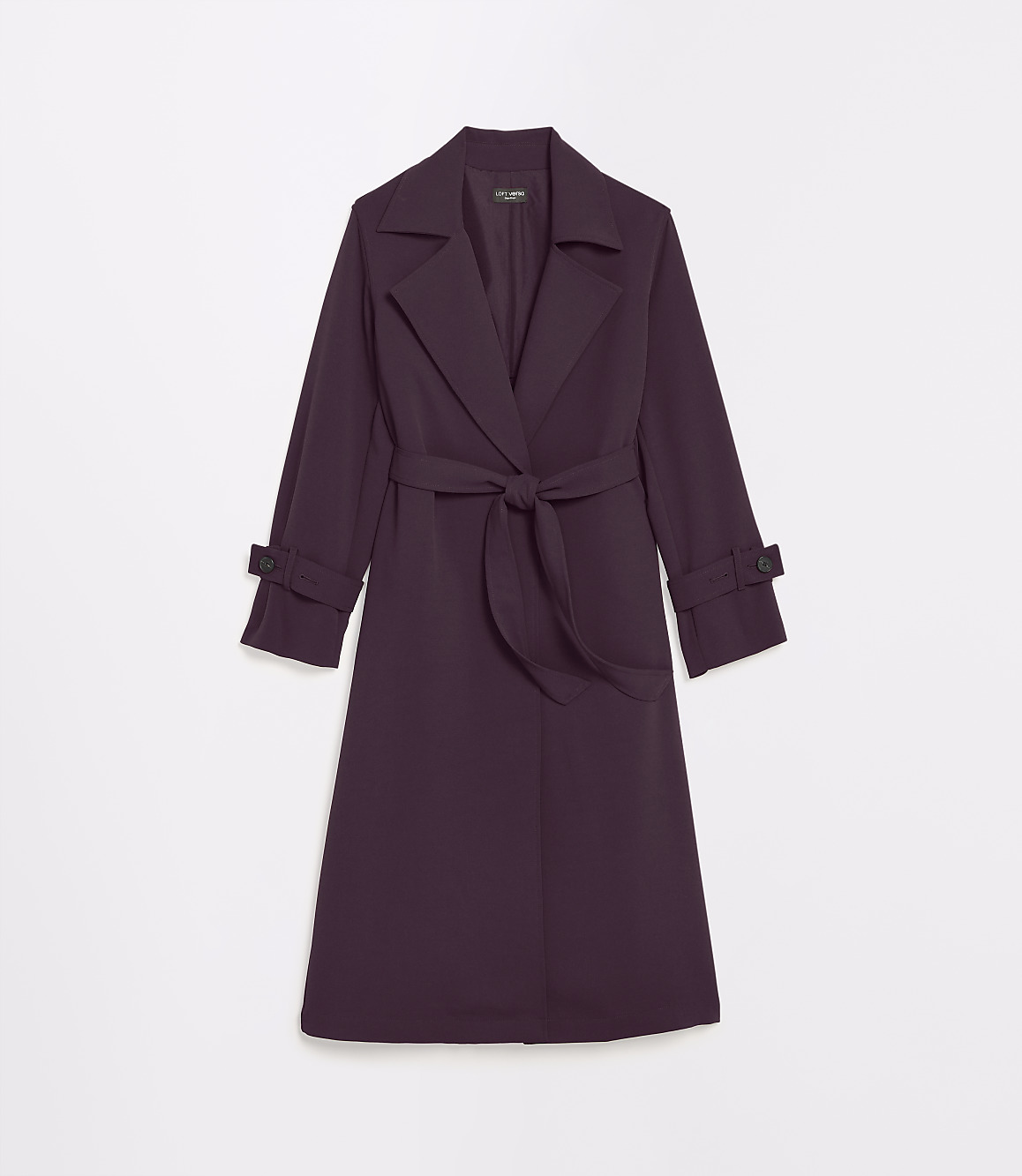 A plum-colored trench coat with a tied belt is displayed against a plain white background.