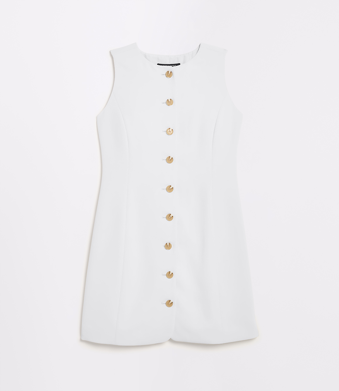 A sleeveless white dress with gold buttons down the front is laid flat against a plain white background.