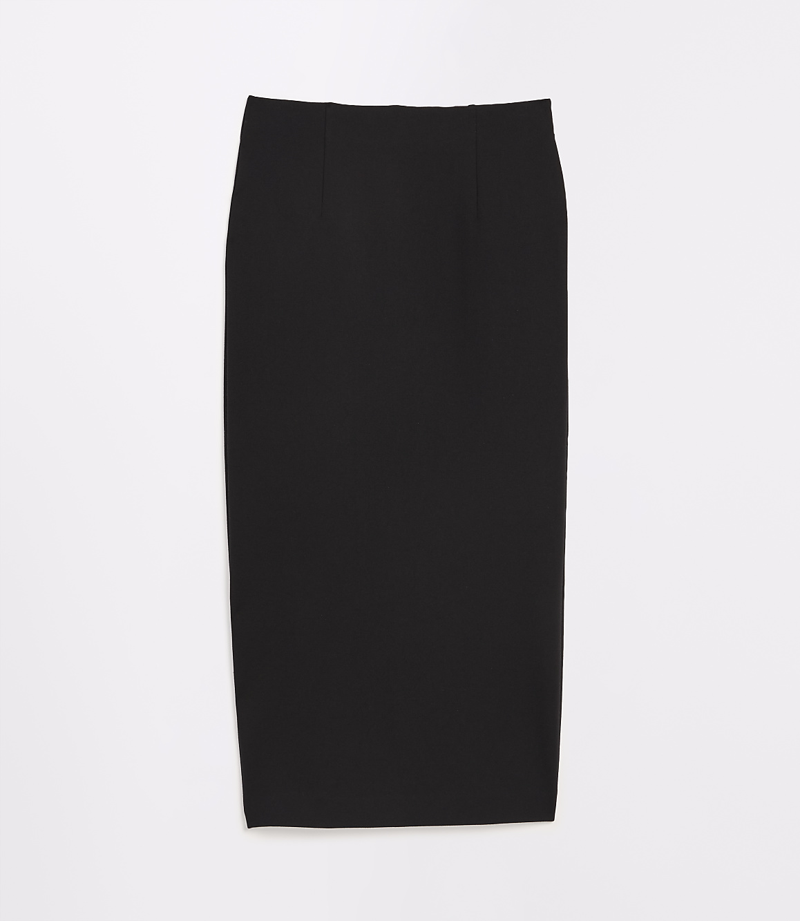 A black pencil skirt lies flat against a plain white background.