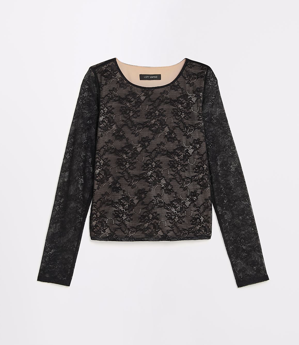 A black lace long-sleeved shirt with a tan lining is displayed against a plain white background.