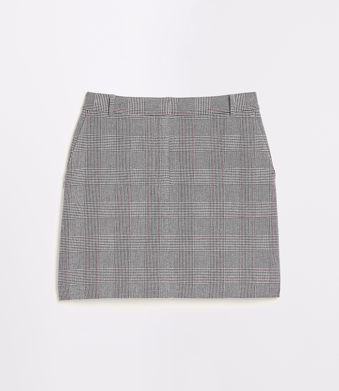 A grey plaid mini skirt with a white background.