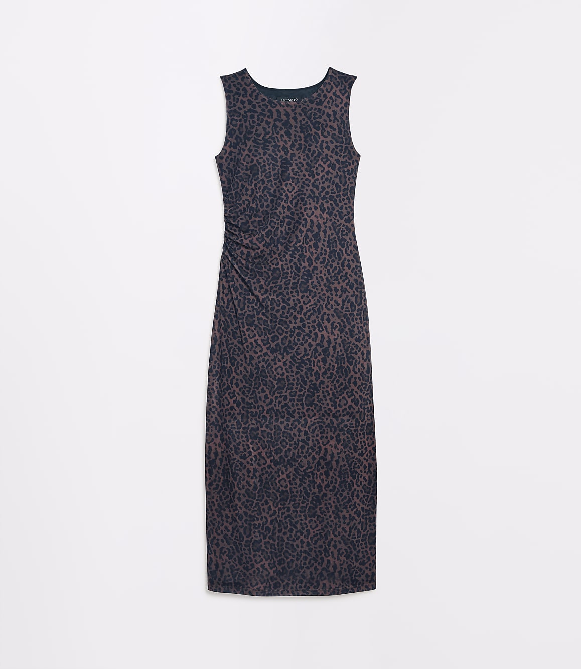 A sleeveless, dark blue dress with a brown leopard print and ruching on the side is laid flat against a plain white background.