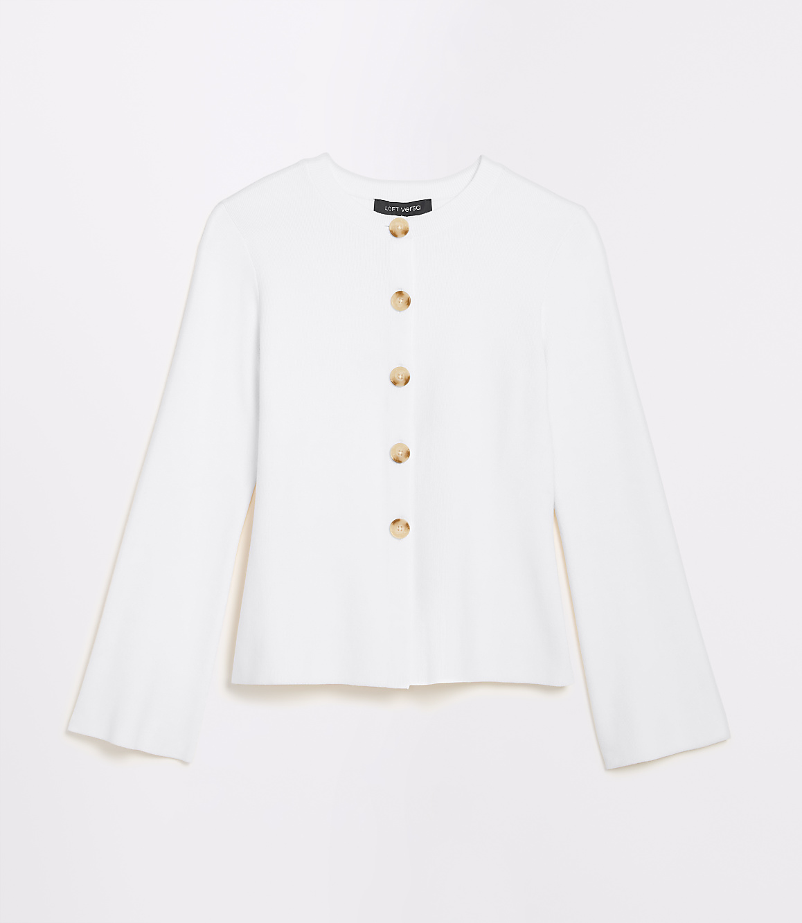 A white cardigan with five buttons is displayed against a plain white background.