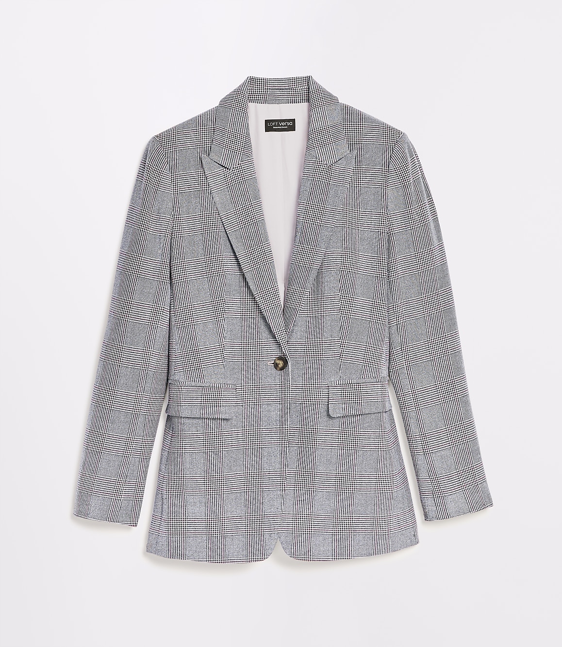 A gray plaid blazer with a single button closure is displayed against a plain white background.
