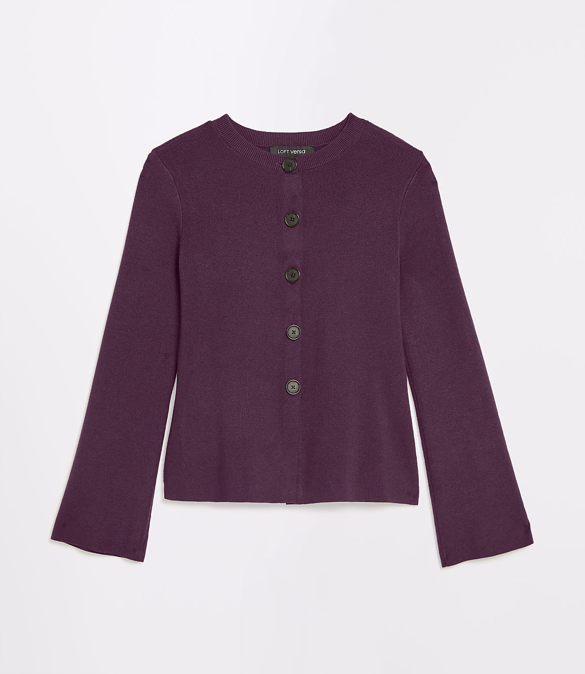 A plum-colored cardigan with dark buttons rests against a plain white background.