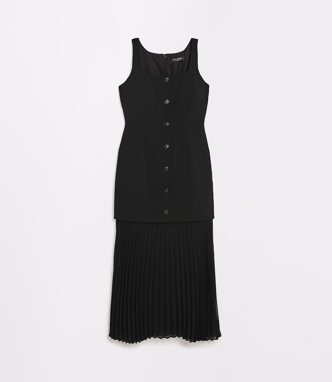 A black sleeveless dress with a button-down front and a pleated skirt sits against a plain white background.