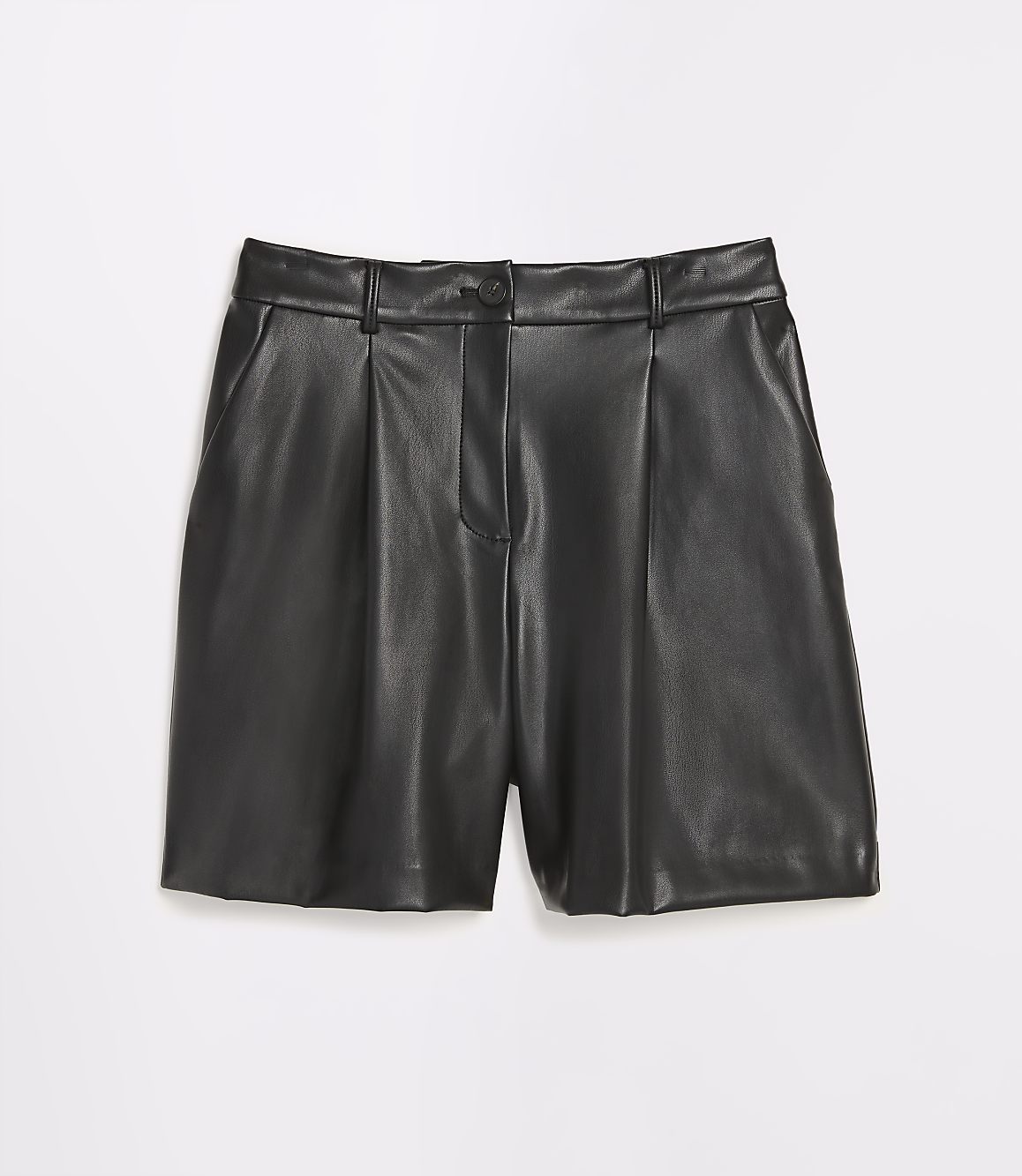 Black faux leather shorts with pleats in the foreground are set against a plain white background.