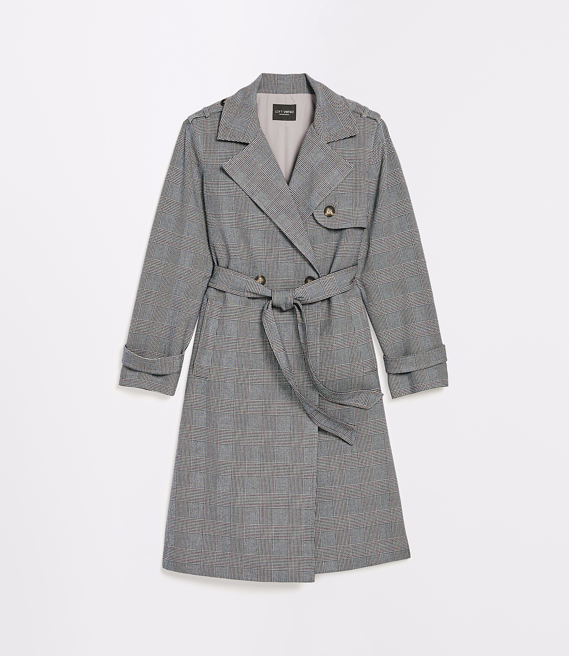 A grey plaid trench coat with a belted waist is displayed against a plain white background.