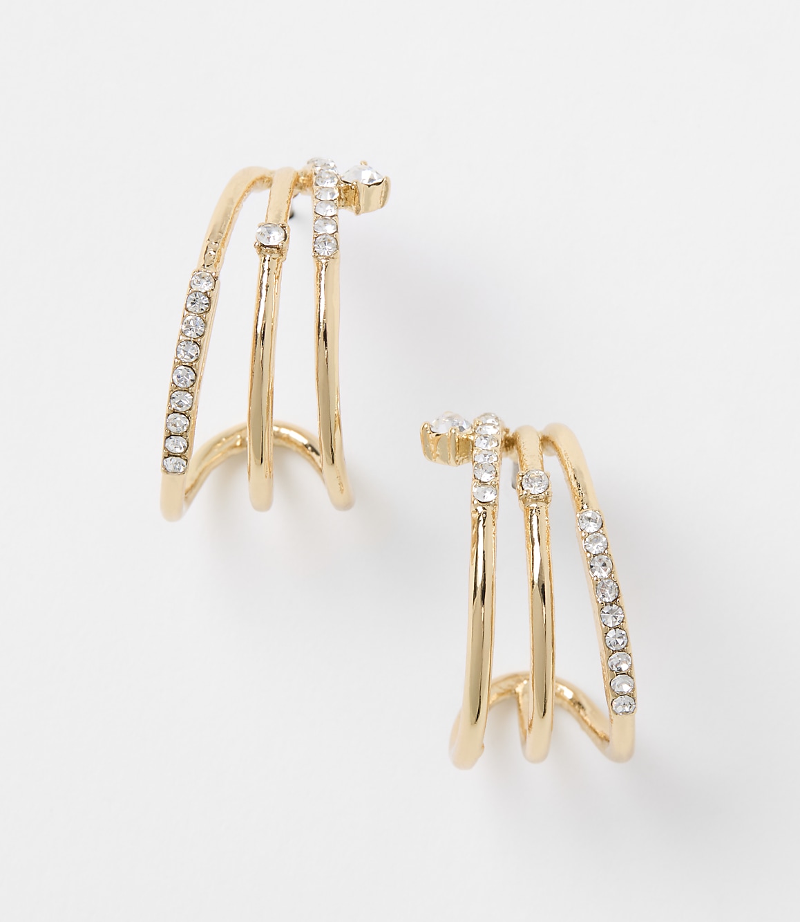 Gold-toned, multi-banded earrings with clear rhinestones are displayed against a plain white background.