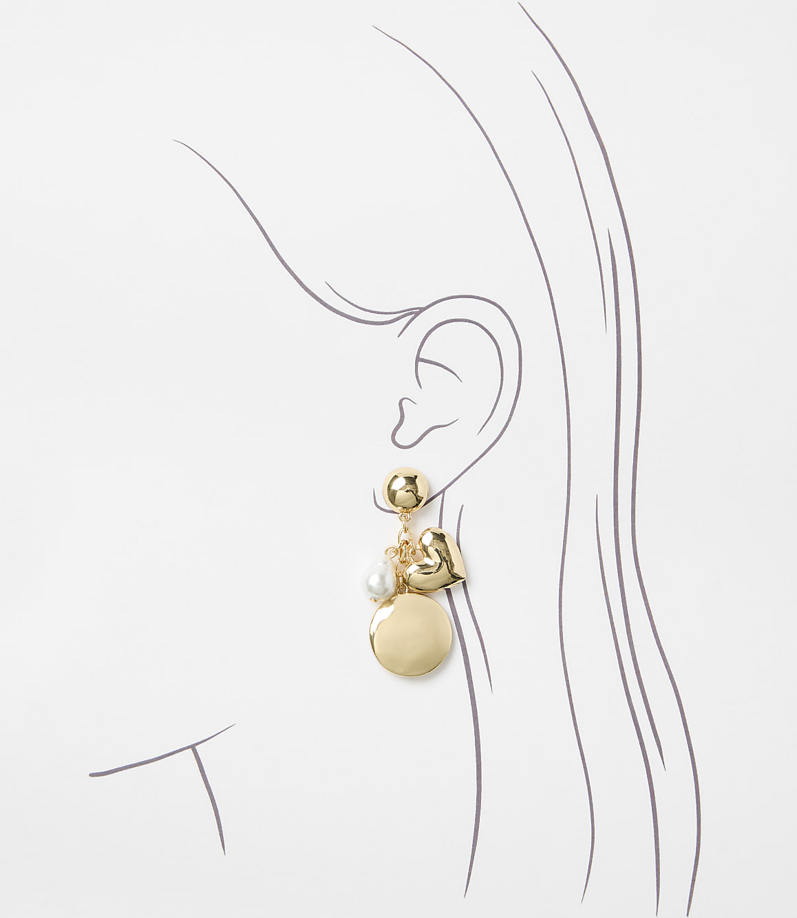 A gold earring with a pearl and a disc charm dangles from a sketched ear against a white background.