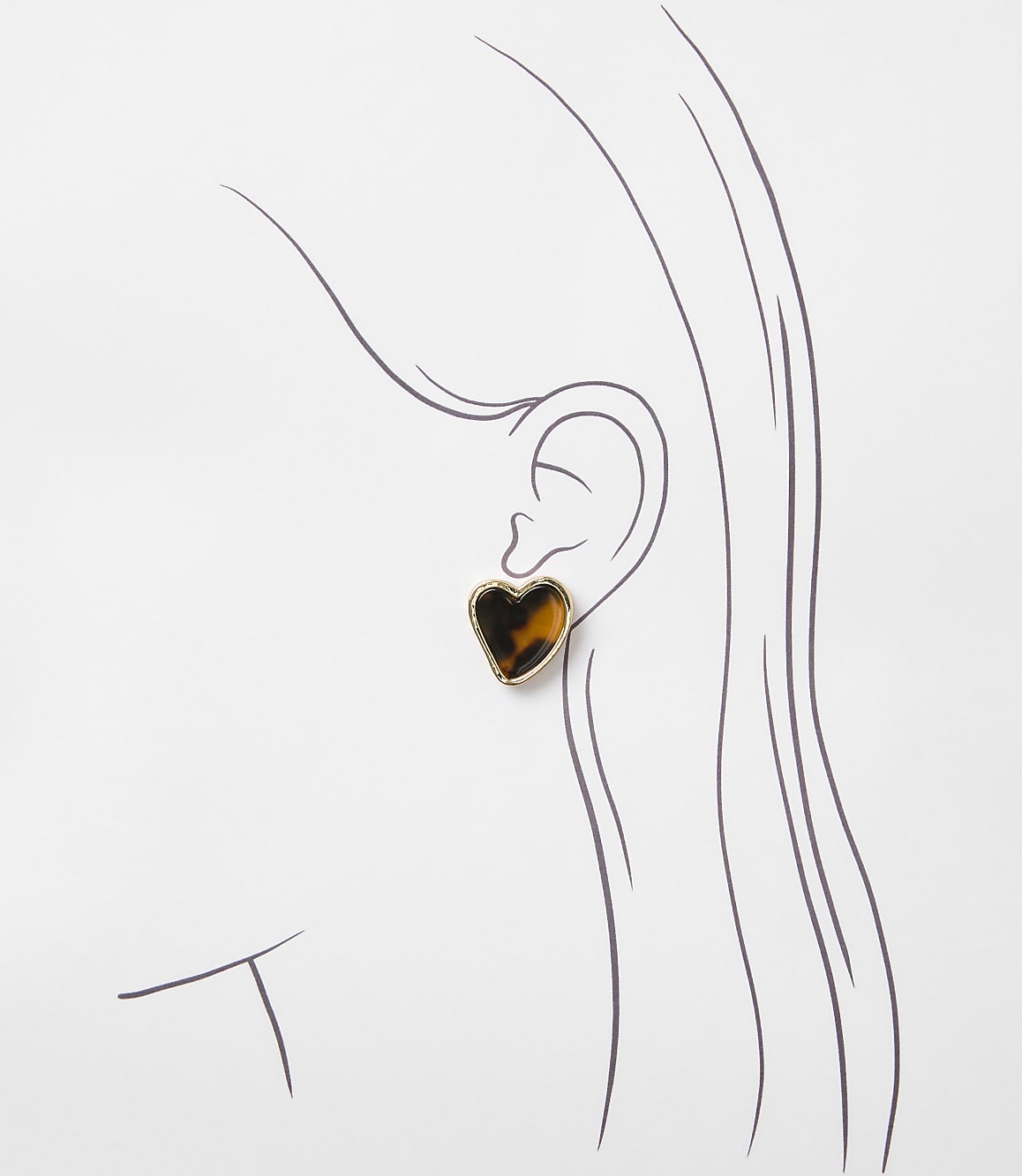 A tortoiseshell heart-shaped earring is worn on a sketched ear against a white background.